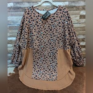 New Textured Raw Edge Drop Shoulder Animal Print W/Tan Hi Lo Side Slit Tunic